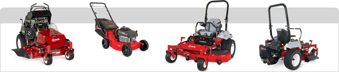 Four Exmark mowers, 2 zero-turns, a walk-behind, and a stand-on Exmark